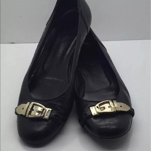 GUCCI Black Leather Silver Buckle Ballet Flats 6 - Picture 1 of 4